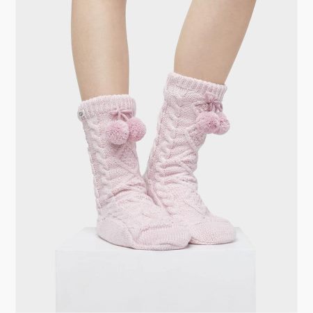 UGG Pom Pom Fleece Lined Crew Grey Pink Socks for Women (QUOE76034)